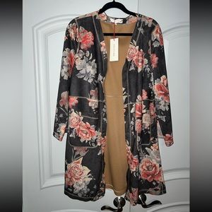 Long floral suede-like cardigan, NEW WITH TAGS